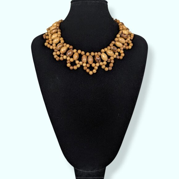 V. Wood Beaded Collar Necklace - Picture 1 of 6